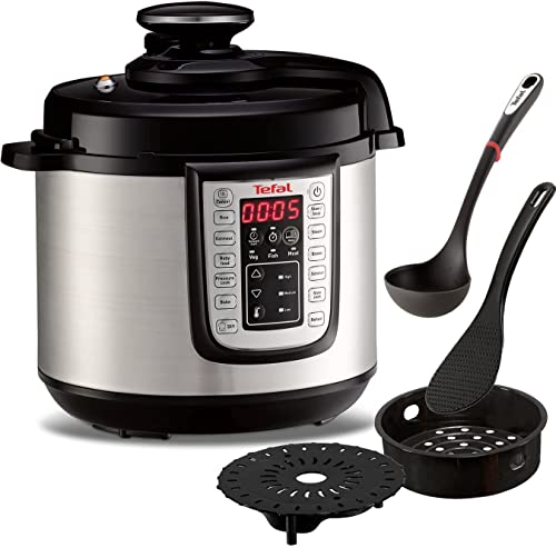 Tefal Multicooker Fast & Delicious Multicooker 1200 W, olla a presión eléctrica, 25 programas automáticos, 6 litros, temperatura y tiempo ajustables, incluye libro de recetas, acero inoxidable/negro