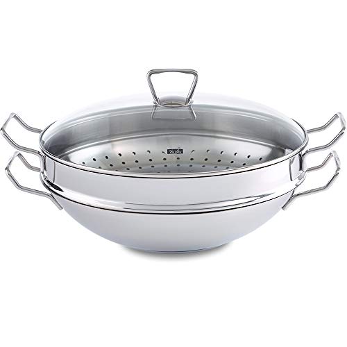 Fissler Nanjing Wok de acero inoxidable, 36 cm de diámetro, sin revestimiento, con vaporera y tapa de cristal, sartén wok grande, sartén asiática, para todo tipo de placas, también inducción