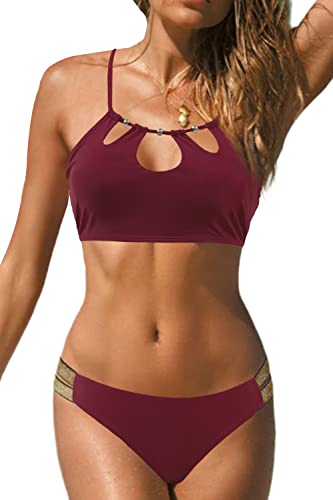 JFAN Bikini Mujer Push Up Conjuntos Traje Bañador para Mujer Cinturón Dorado Acolchado Bra Top de Bikini Traje Rojo Vino XL