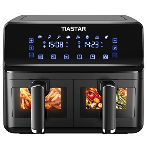 Tiastar Freidora de Aire Dual Zone con Ventana de Visualización, 8 L(4L + 4L) Freidora Sin Aceite con 8 Programas, Pantalla LED Táctil, Temporizador, Cestas Antiadherente, 1700W, Negro