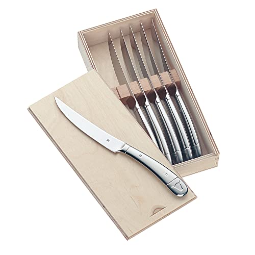 WMF - Juego de 6 Cuchillos para Carne en Caja de Madera. Filo Dentado de Acero Inoxidable Cromargan Pulido Ideal para Bistec. Aptos para Lavavajillas