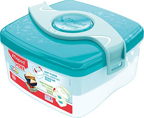 Maped - Tuppers para Alimentos con 2 Compartimentos - Color Turquesa - Colección Origins Familia - 1 Compartimento Extraíble - Capacidad para 1 Litro - Apertura Sencilla - Apto para Lavavajillas