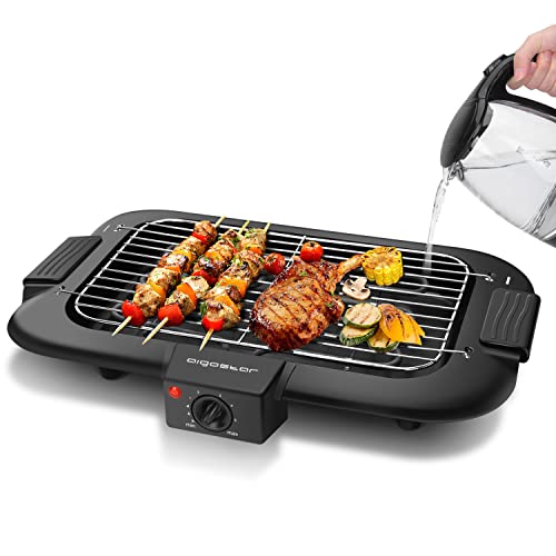 Aigostar Tasty - Grill sin humo, plancha de asar, barbacoa eléctrica para interiores, 2000W, tamaño compacto, uso con agua: evita manchas y humo, bandeja recoge grasa, termostato.