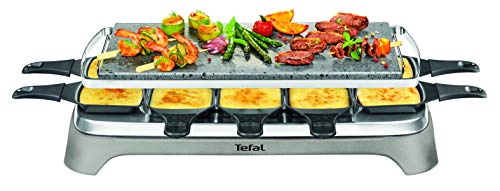 Tefal PR457B Pierrade Raclette - Placa de parrilla de piedra de 1350 W, 10 sartenes antiadherentes, incluye rascador, cable extraíble, color gris