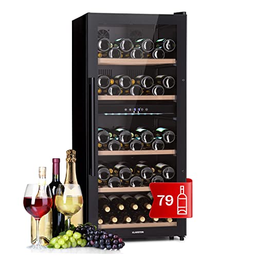 Klarstein Vinoteca 79 Botellas, Nevera Vinos Doble Refrigeración, Nevera Expositora Vino y Cerveza, Vinoteca Pequeña Interior y Exterior Puerta Cristal, Nevera Vino Protección UV, Panel Táctil, 5-18°C