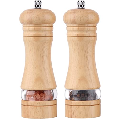 Braoses Molinillo de sal manual de madera, molinillo de especias con plato, agarre perfecto, mecanismo de cerámica para sal y pimienta, juego de 2 piezas de finura ajustable, altura: 16,5 cm, natural