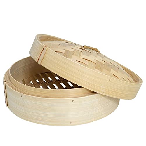 Tradineur - Vaporera de bambú con tapa, cesta de vapor para dim sum, arroz, verduras, carne, recipiente tradicional para cocción al vapor (Ø 25 cm)
