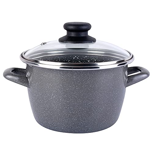 Magefesa K2 GRansasso olla 16 con tapa de vidrio. Exterior grio moteado y antidherente bicapa reforzado piedra. Hasta 50% de ahorro energético.