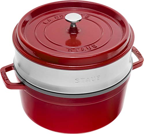 STAUB Cocotte Redonda con Cesta Vapor, 5.2 l, Hierro Fundido, Rojo Cereza, 26 cm