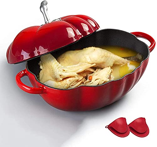 Olla de cerámica para cocinar platos para cazuelas con tapas Cocotte de tomate de hierro fundido, cazuela de hierro fundido esmaltado para horno holandés con guantes de silicona, para carnes y