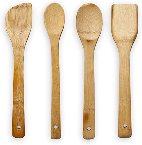 Juego utensilios de cocina de madera de bambú - 4 piezas accesorios de cocina de madera resistentes al calor y antiadherentes - cuchara, cucharon, pala y espatula de madera para cocinar (4 unidades)