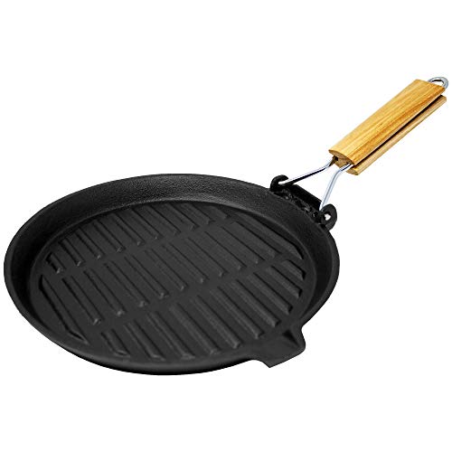 ToCi Big BBQ sartén redonda de hierro fundido con mango de madera plegable, sartén acanalada, sartén universal de 22 cm de diámetro.