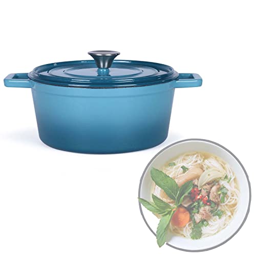 Cazuela redonda de hierro fundido esmaltada, con tapa para horno, apta para inducción, 4 litros, para pan, 24 cm, apta para horno, color azul