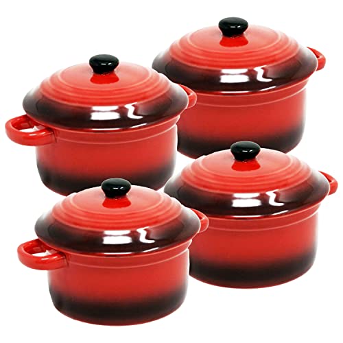 ToCi - Cacerolas con tapa | Mini cazuelas de horno de cerámica 300 ml | Moldes redondos de 10 x 5 cm de diámetro, naranja, rojo Rot 4er-set