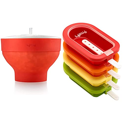 Lékué Recipiente para cocinar Palomitas, Rojo, 20 cm + Polo apilable mini 10,5 cm, 4 Unidades, Surtido multicolor, Silicona