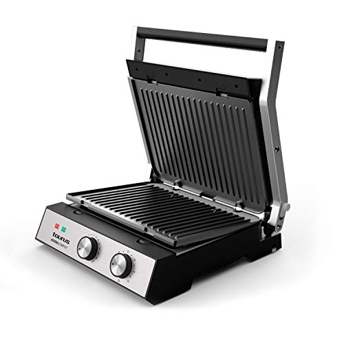 Taurus Asteria Complet - Grill y plancha de asar, 2 en 1, 2000 W, regulador de temperatura y temporizador 30 min, apertura 180º, asa de toque frío, placas extraíbles, libre de PFOA, acero inoxidable