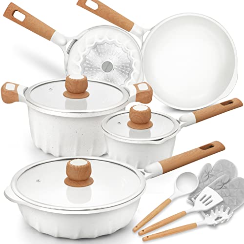 Juego de utensilios de cocina antiadherentes 100% libre de PFOA, juego de ollas y sartenes de inducción con utensilio de cocina, 13 piezas, color blanco