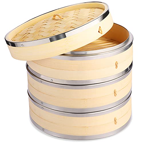 Vobeiy Vaporera bambu con tapa 3 Niveles,Premium natural Vapor bambu con bandas de acero inoxidable,Olla de Vapor de Bambú clásico,reutilizable flexible antiadherente,27CM