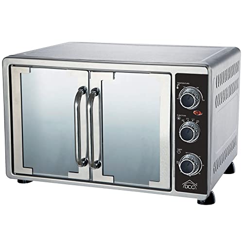 DCG Eltronic, MBS58 - Horno eléctrico ventilado de doble puerta, capacidad de 58 l, de acero inoxidable, color plata, con termostato ajustable, temperatura máxima de 230 °C, temporizador de 60 minutos