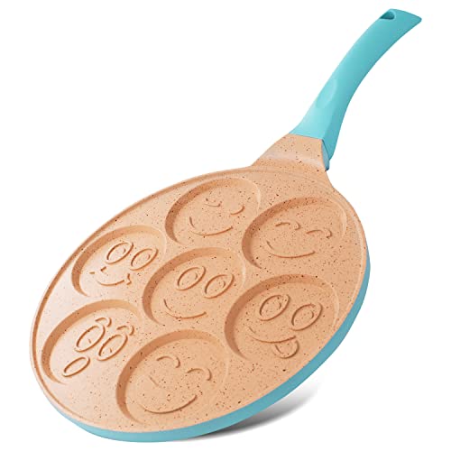 Joejis Sartén Tortitas Sonriente - Antiadherente frigideira panquecas 7 Agujeros Sartén para Crepés de Desayuno para Niños 26 cm - Azul