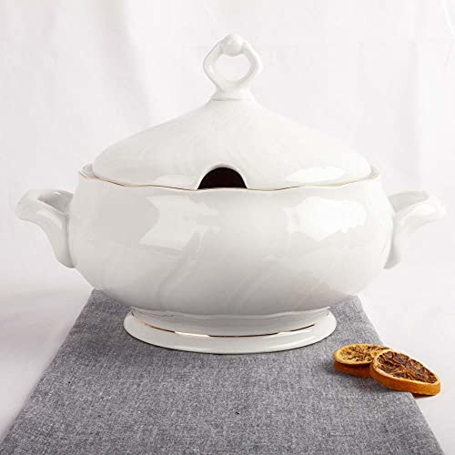 Franquihogar - Sopera de Porcelana con Tapa, Bowl para sopas Clásica con filo de oro y decoración 1L | Lubeck