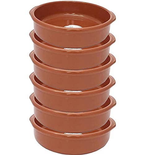 Pack de 6 cazuelas redondas de barro con asas, diámetro exterior 26 cm (asas incluidas), diámetro interior 22 cm, aptas para vitro y horno