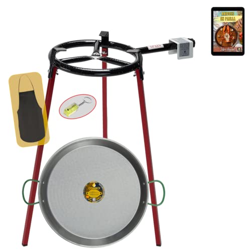 COMBOI - Kit Paellero gas butano 30 cm, paellera de 42 cm, Soporte de 3 Patas, nivel, delantal, libro de recetas digital