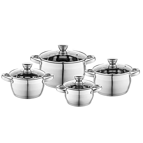 Florina Oliver Stainless Steel Cookware Set, 8 Pieces, Induction, 4 Casseroles, 4 Glass Lids, Suitable for All Kitchens, Dishwasher Safe