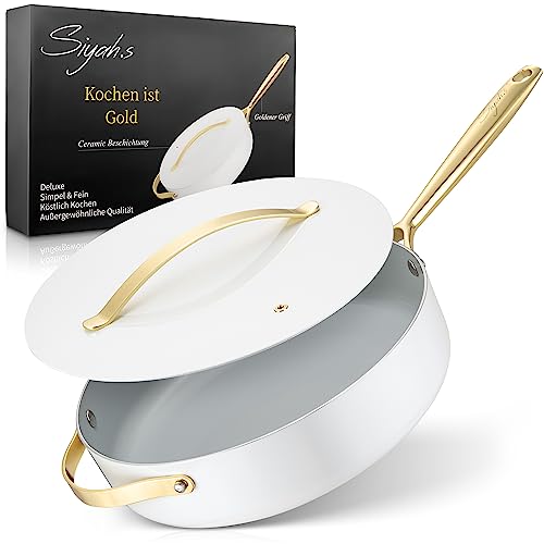 Siyah.s Sartén blanca con tapa, [7 cm de alto], revestimiento antiadherente más fuerte [MEJOR CALIDAD] FRYING PAN con detalles dorados para guisar, freír, cocinar y saltear [28 cm] Leer más & más