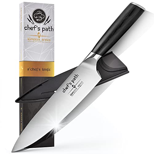 Cuchillo de cocina de Chef's Path de 20 cm: cuchillo de chef de acero inoxidable alemán con funda; cuchillo ideal para cortar carne, verduras y frutas en rodajas o en dados, trocearlas y picarlas