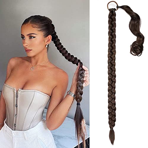 Pieza de cabello Extensión de cola de caballo natural Extensiones de pelo largo y recto con clip para mujeres y niñas 80 cm en cola de caballo (Marrón y negro)