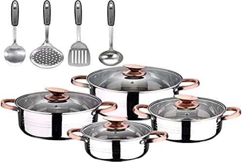 San Ignacio Bateria de cocina 8 piezas apta para induccion Altea en acero inoxidable con set de 4 utensilios de cocina en acero inoxidable, PK3236