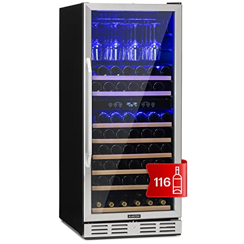 Klarstein Vinoteca para Vinos de 306L Nevera Vino Zona Doble, Botellas Vino, Proseco y Cervezas, Vinoteca Pequeña Puerta Cristal para Interior y Exterior, Nevera para Vinos Capacidad 116 Botellas