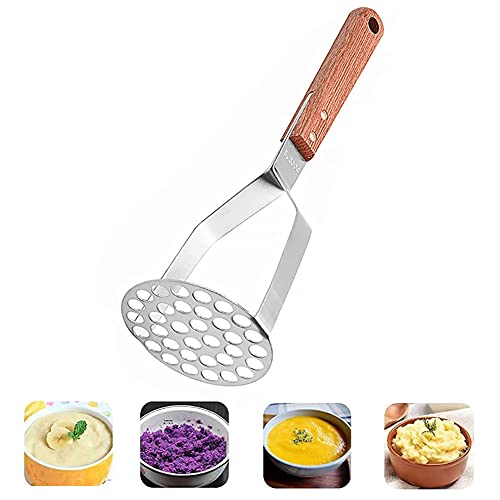 Houdao Pasapures Acero Inoxidable Manual Aplastador de Patatas Machacador de Patatas Prensa Patatas Prensador Pure de Patata Chafador de Patatas con Mango en Madera para Fruta y Vegetale 28x7,8cm