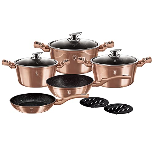 Berlinger Haus Rose Gold Batería Cocina Inducción 10 Piezas, Antiadherente Mármol sin PFOA, Aluminio, Set 3 Cazuelas, 3 Tapas Cristal, 2 Sartenes, 2 Salva Manteles, Diseño Metallic, Vitrocerámica