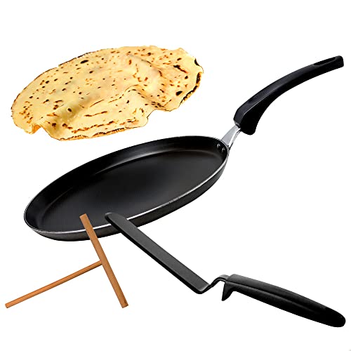 NAWA Home & Work Sartén para crepes de aluminio fundido, 28 cm | Revestimiento antiadherente con rastrillo Esparcidor de Masa de Madera y espátula de nailon