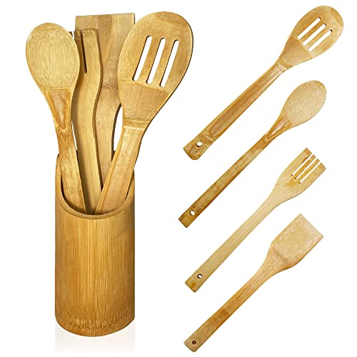 Juego de Cinco Utensilios de Cocina de Madera | Cuatro Cucharas de Madera para Cocina | Kit de Cuatro Cucharones de Bambú | Kit de Utensilios para Regalar | Kitchen Set (5)