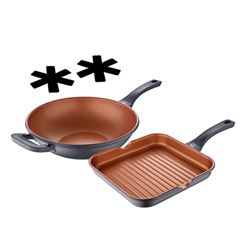 SAN IGNACIO Bronze | Juego de Cocina | Set de Wok y Sartén Grill de 32 y 28 cm de Diámetro y 2 Protectores | Fabricados con Aluminio Fundido | Sartenes Antiadherentes | Para Todo Tipo de Cocinas