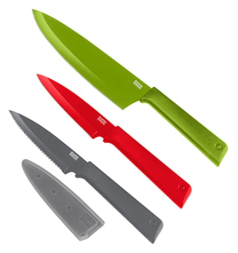 KUHN RIKON Colori+ Culinary - Juego de cuchillos (3 piezas, 1 cuchillo de chef, 1 cuchillo recto, 1 cuchillo dentado, acero inoxidable, con protección de la hoja, antiadherente)