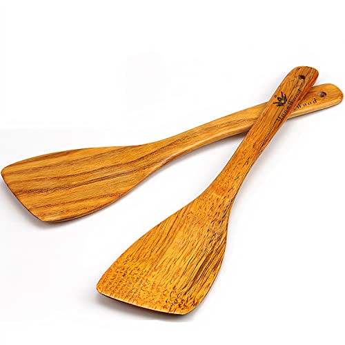 Juego de espátulas de madera de 2 piezas para cocinar - Espátula de cocina de madera con mango largo de 30 cm Madera dura Ideal para sartenes, utensilios de cocina y wok