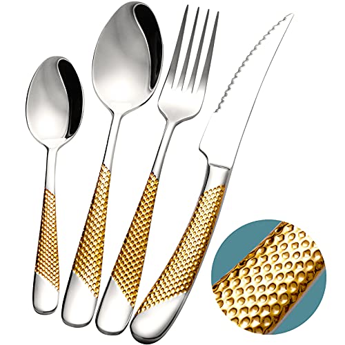 Xideman® Juego de cubiertos martillados Plata-Oro modernos de 24 piezas con cuchillo dentado 2 en 1 ultra afilado, set de cubiertos acero inoxidable 18/10, cuberterias completas dorados 6 personas