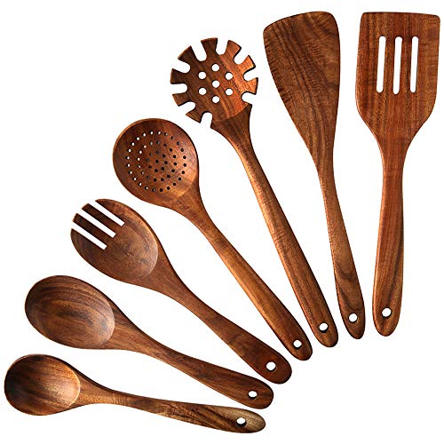 Utensilios de cocina de madera, NAYAHOSE 7 cucharas de madera de teca y espátulas para cocinar, elegante, vendido y antiadherente utensilios de cocina para uso doméstico y decoración de cocina (7)