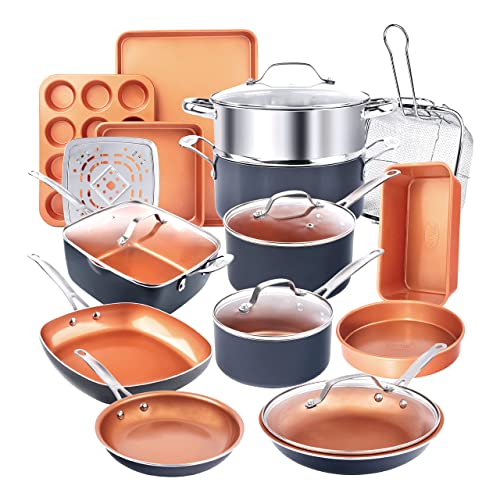 GOTHAM STEEL - Juego completo de ollas y sartenes de 20 piezas, utensilios de cocina y utensilios para hornear, Revestimiento de cobre cerámico antiadherente