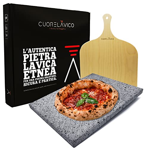 CUORE LAVICO - Kit de placa refractaria de piedra volcánica y etnea para pizza 39 x 30 x 2 cm + pala, horno de gas, eléctrico y barbacoa para pan y pinzas - Fabricado en Italia