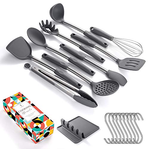 Juego de utensilios de cocina de 9 piezas, silicona de acero inoxidable para cocinar y servir herramientas de cocina con soporte para reposapiés para utensilios de cocina antiadherentes (gris)