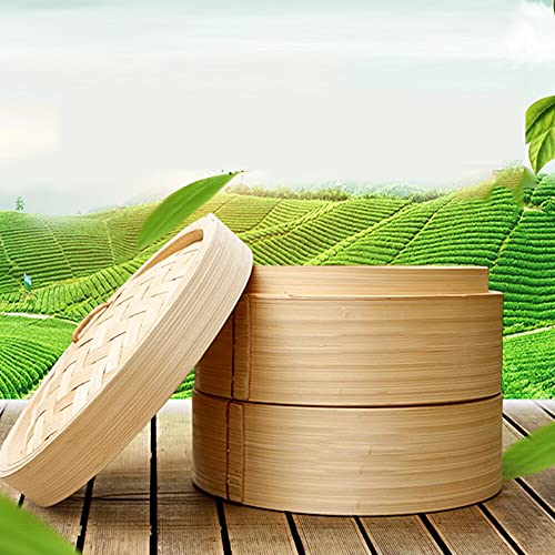 JSG Vaporera de bambú para cocinar al vapor, cocedor 2 nivel con tapa, cesta de bambú, recipiente de bambú, oriental, cocer al vapor dim sum 18x14cm (2 pisos)
