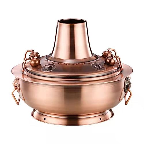 Fikujap Olla Caliente Vintage de 30CM, Shabu Steamboat, Olla China de carbón de Cobre, Sopa para Estufa de Gas, Olla Caliente Mongol para Varias Personas