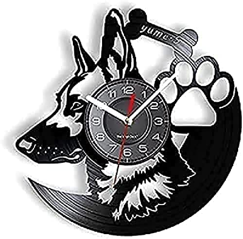 Reloj de Pared con Pilas, silencioso, sin tictac, Raza de Perro Pastor alemán, Disco de Vinilo, Nombre de Perro Personalizado, Reloj de Pared con Perro alsaciano, Perro policía alemán, con Pilas