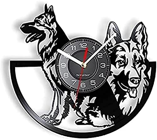 Reloj de pared con pilas, silencioso, sin tictac, pastor alemán, reloj de pared, disco de vinilo real, reloj de pared retro con animales en 3D, perro, cachorro, ilustraciones colgantes para amantes de