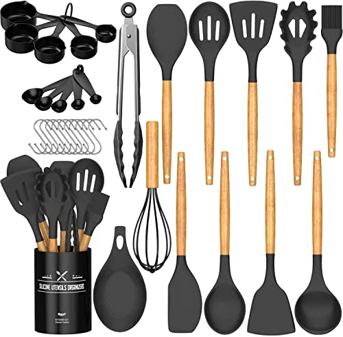 Umite Chef Juego de utensilios cocina cocina, 33 piezas silicona antiadherente con soporte, mango madera Set (negro gris)